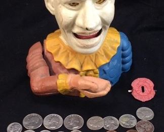 ANTIQUE CAST IRON JESTER THE CLOWN MECHANICAL COIN BANK w 1970s U.S. COINAGE, 4 ULTRA RAINBOW LINCOLN PENNIES