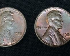 ANTIQUE CAST IRON JESTER THE CLOWN MECHANICAL COIN BANK w 1970s U.S. COINAGE, 4 ULTRA RAINBOW LINCOLN PENNIES