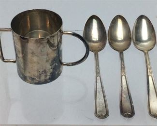 SWID POWELL STERLING SILVER CUP & 3 NATIONAL SILVER STERLING SPOONS, 6.11oz