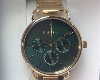 BERTHA GWEN LADIES WATCH w DAY/DATE, GREEN & GOLD, NEW