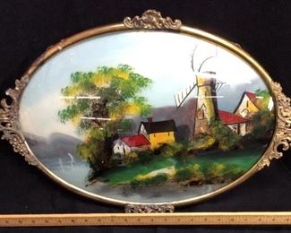 ANTIQUE BRASS REVERSE PAINTING BUBBLE GLASS ART, WINDMILL SCENE