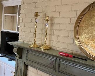Brass candlesticks and tray