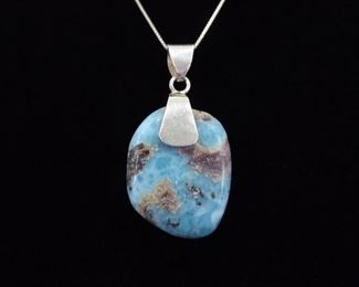 .925 Sterling Silver Raw Larimar Healing Stone Pendant Necklace

