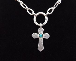 .925 Sterling Silver Accented Turquoise Cabochon Cross Pendant Necklace
