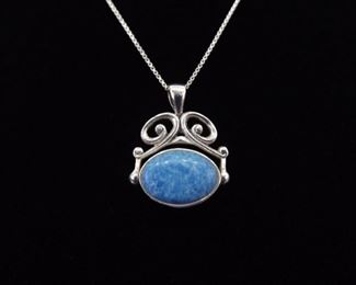 .925 Sterling Silver Sodalite/Onyx Cabochon Hinged Flip Duo Pendant Necklace
