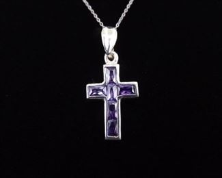 .925 Sterling Silver Amethyst Cross Pendant Necklace
