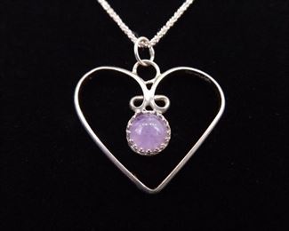 .925 Sterling Silver Amethyst Cabochon Heart Pendant Necklace
