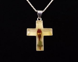 .925 Sterling Silver Encased Rose Cross Pendant Necklace
