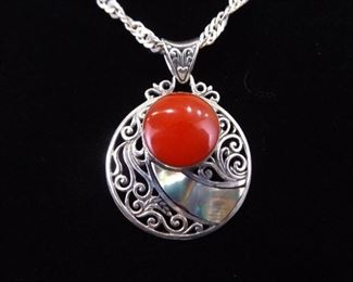 .925 Sterling Silver Red Coral and Blue Abalone Pendant Necklace
