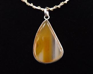 .925 Sterling Silver Carmel Agate Duo Tone Vermeil Pendant Necklace
