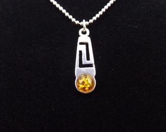 .925 Sterling Silver Yellow Amber Cabochon Greek Key Pendant Necklace
