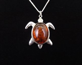 .925 Sterling Silver Amber Cabochon Turtle Pendant Necklace
