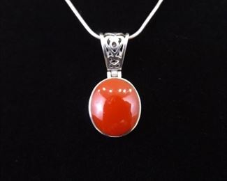 .925 Sterling Silver Red Coral Pendant Necklace
