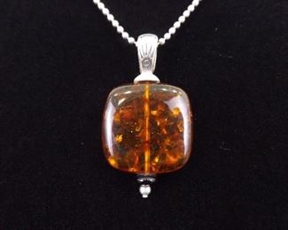 .925 Sterling Silver Amber Cabochon Pendant Necklace
