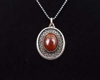 .925 Sterling Silver Carnelian Cabochon Pendant Necklace
