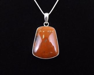 .925 Sterling Silver Red Jasper Cabochon Pendant Necklace

