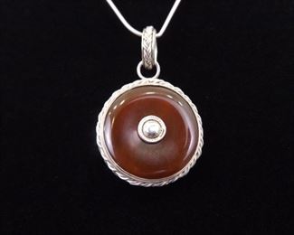.925 Sterling Silver Carnelian and Onyx 2 Sided Pendant Necklace
