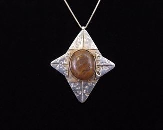 .925 Sterling Silver Hand Hammered Brown Jasper Star Pendant Necklace
