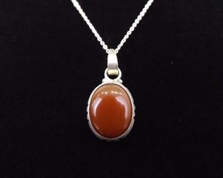 .925 Sterling Silver Carnelian Cabochon Pendant Necklace
