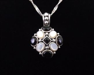 .925 Sterling Silver Mother of Pearl and Black Onyx Pendant Necklace
