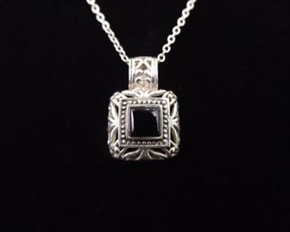 .925 Sterling Silver Black Onyx Cabochon Scrolled Pendant Necklace
