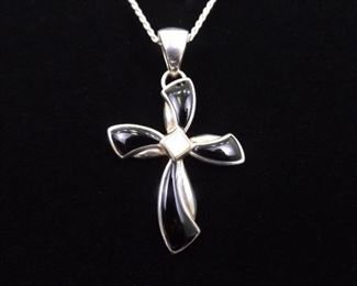 .925 Sterling Silver Inlayed Onyx and Mother of Pearl Cross Pendant Necklace
