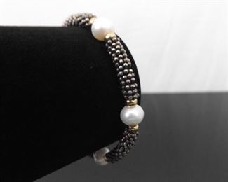 .925 Sterling Silver Authentic Pearl Gold Accented Bracelet
