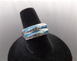 .925 Sterling Silver Blue Enamel Crystal Ring Size 8
