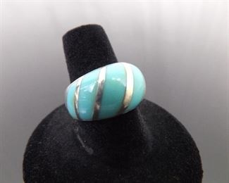 .925 Sterling Silver Turquoise Enamel Ring Size 7.75
