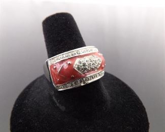 .925 Sterling Silver Crystal Red Enamel Ring Size 9
