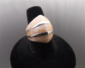 .925 Sterling Silver Crystal Peach Enamel Ring Size 8
