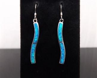 .925 Sterling Silver Inlayed Opal Dangle Hook Earrings
