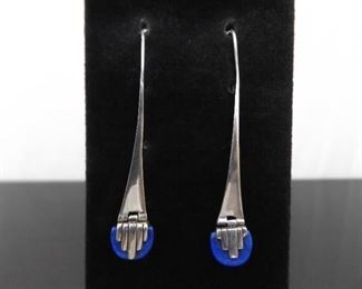 .925 Sterling Silver Art Deco Lapis Lazuli Hook Earrings
