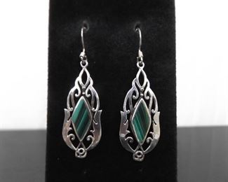 .925 Sterling Silver Inlayed Malachite Dangle Hook Earrings
