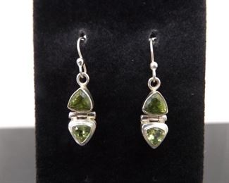 .925 Sterling Silver Trillion Cut Peridot Hinged Dangle Hook Earrings
