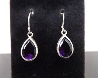 .925 Sterling Silver Pear Cut Amethyst Dangle Hook Earrings
