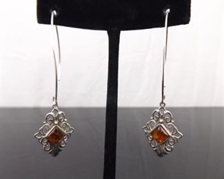 .925 Sterling Silver Amber Dangle Hook Earrings
