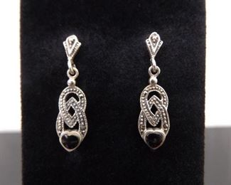 .925 Sterling Silver Art Nouveau Onyx Heart Dangle Post Earrings
