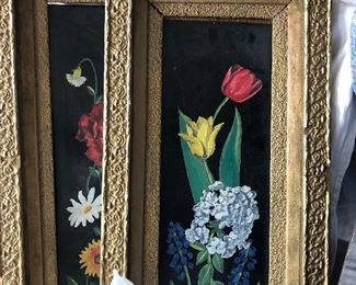 Vintage flowers painted on tin, set