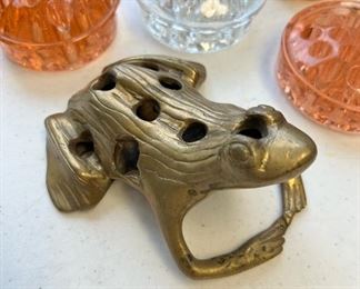 Rare antique brass “frog” flower frog