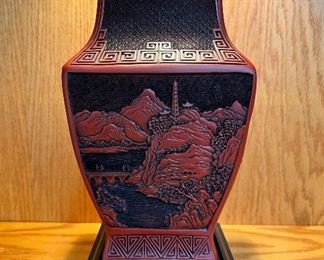 Large 13” tall vintage Chinese carved cinnabar four sided vase with stand