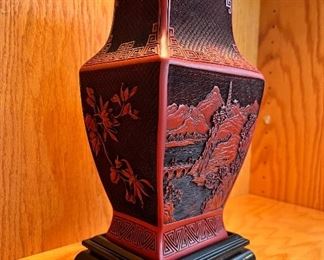 Large 13” tall vintage Chinese carved cinnabar four sided vase with stand