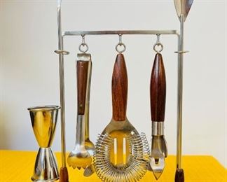 Vintage teak and chrome bar tool set