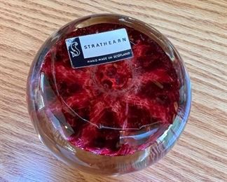 Pink & white Murano Italian latticino artglass paperweight and a Strathearn art glass paperweight with tag