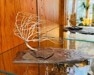 Vintage Randy Adams silver wire & slate tree sculpture, 8”W x 5”T