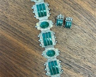 Vintage ladies sterling silver panel bracelet & earring set with carved green Chalcedony