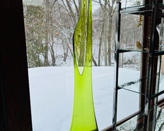 Monumental 39” tall  Mid Century Modern swung green glass vase