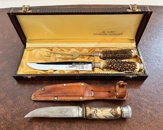 Vintage Schmidt & Ziegler Solingen Germany never used antler carving set and a carved horn knife with leather sheath 