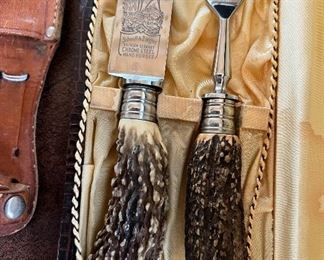Vintage Schmidt & Ziegler Solingen Germany never used antler carving set and a carved horn knife with leather sheath 