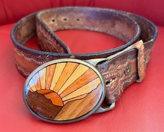 1970’s exotic wood & brass belt buckle by Von West with tooled leather belt